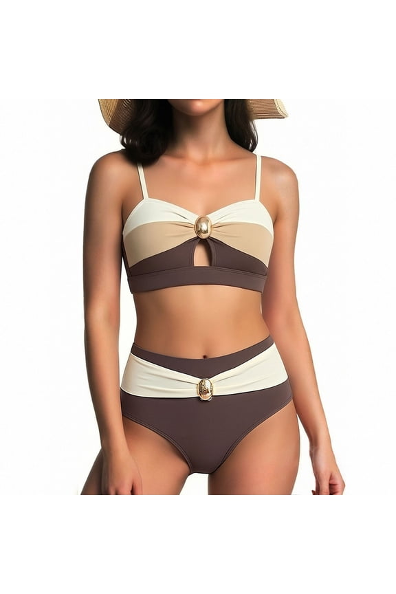 Bikini Sets for Women Sweetheart Neck Cut Out Mid Rise Two Piece Bathing Suits Color Block Metal Detail Charming Honeymoon Swimwear