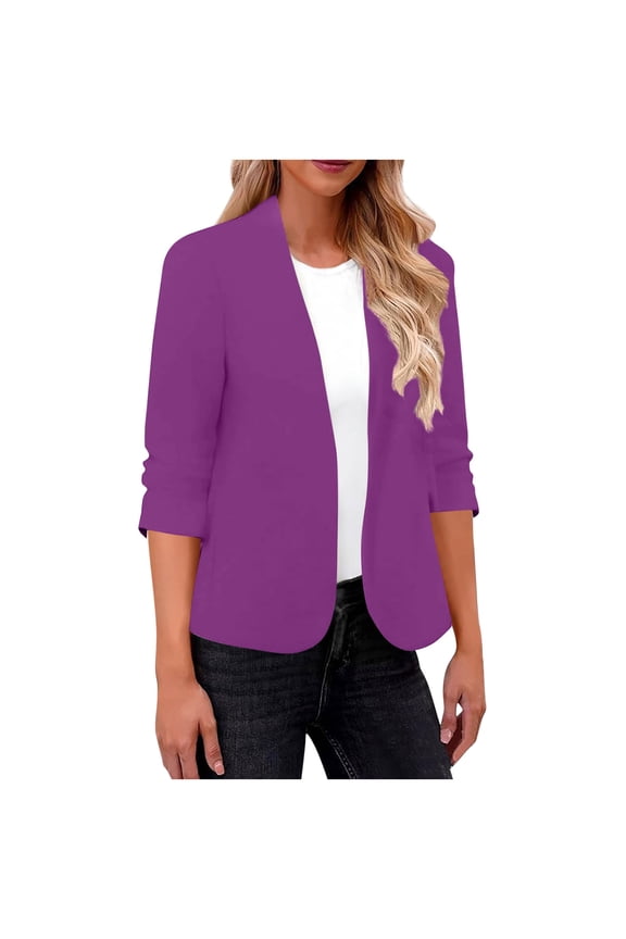 Blazers for Women Trendy Business Cardigan Casual Fall Solid Color Long Sleeve Shrug Thin Open Front Cardigan Suit Jacket Fashion Long Sleeve Tops Office Blazer Plus Size Purple L