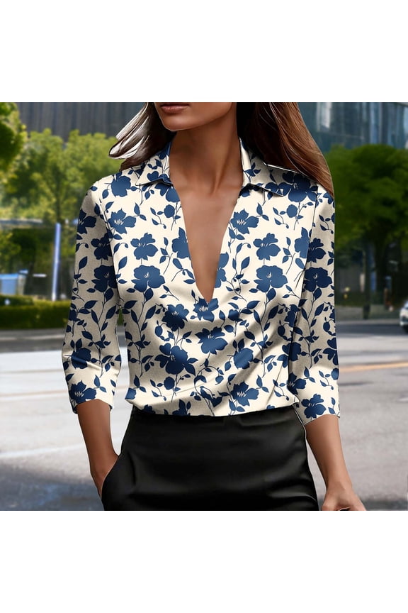 Blouse for Women Collared V Neck Three Quarter Sleeve Work Office Wear Abstract Geometric Wave Stripe Print Vibrant Modern Style Drapey Silky Texture Elegant Spring Tops