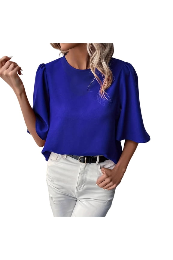 Blouse for Women Round Neck Puff Sleeve Relaxed Fit Solid Color Elegant Work Office Professional Wear Dressy Going Out Chic Soft Flowy Fabric Modest Summer Top