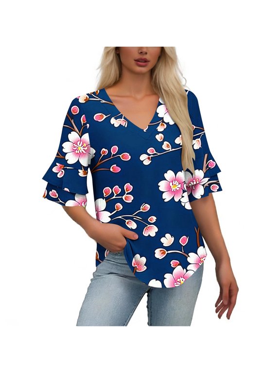 Blouse for Women V Neck Layered Ruffle Short Sleeve Casual Vacation Boho Dressy Loose Fit Tropical Botanical Leaf Print Flowy Lightweight Summer Spring Tops