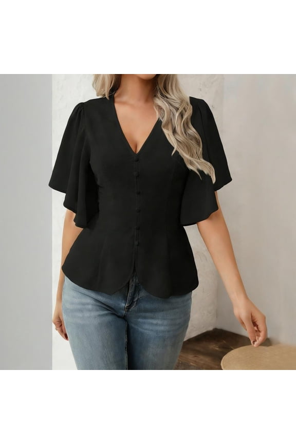 Blouse for Women V Neck Short Flutter Sleeve Dressy Casual Slim Fit Button Front Peplum Hem Flowy Chiffon Lightweight Spring Summer Fashion Tops