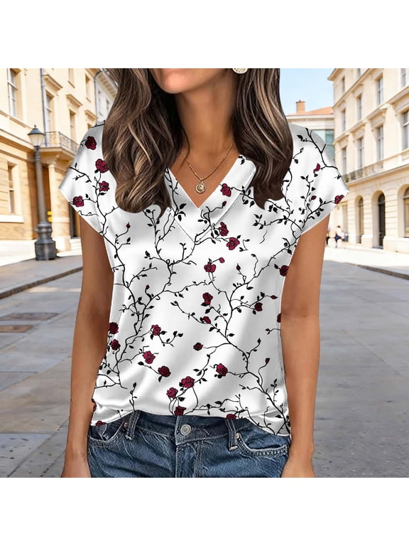 Blouse for Women V Neck Short Sleeve Dressy Vintage Floral Rose Print Lightweight Flowy Fabric Loose Fit Summer Work Office Going Out Casual Fashion Tops