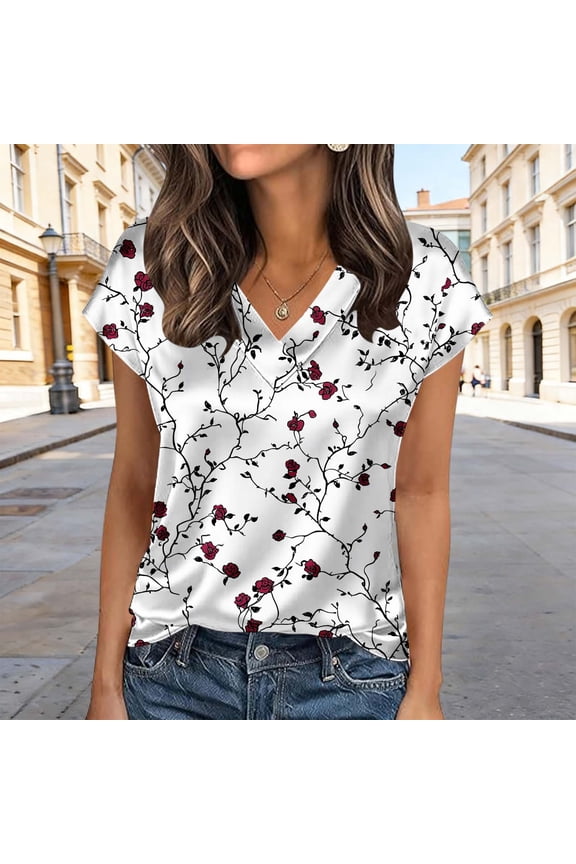 Blouse for Women V Neck Short Sleeve Dressy Vintage Floral Rose Print Lightweight Flowy Fabric Loose Fit Summer Work Office Going Out Casual Fashion Tops