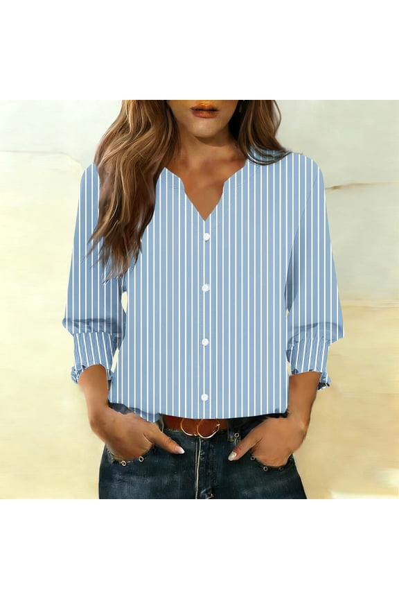 Blouse for Women V Neck Three Quarter Sleeve Workwear Office Slim Fit Classic Vertical Striped Pattern Button Down Breathable Versatile Everyday Tops
