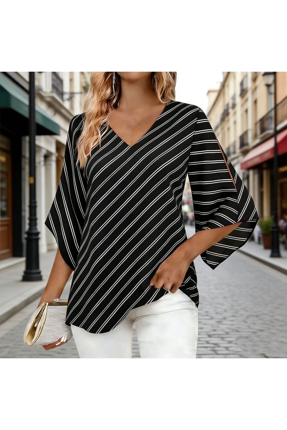 Blouse for Women V Neck Three Quarter Split Sleeve Casual Loose Fit Diagonal Striped Print Modern Minimalist Elegant Flowy Lightweight Summer Office Tops