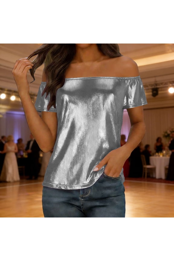 Blouse for Women Off Shoulder Short Sleeve Going Out Slim Fit Metallic Shiny Liquid Look Stretchy Elegant Party Club Summer Top