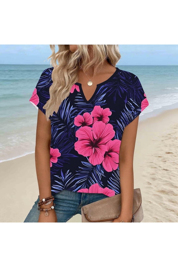 Blouses for Women Casual T Shirts Notch V Neck Short Sleeve Tropical Floral Print Loose Fit Lightweight Breathable Summer Vacation Beach Everyday Wear Dressy Graphic Tops