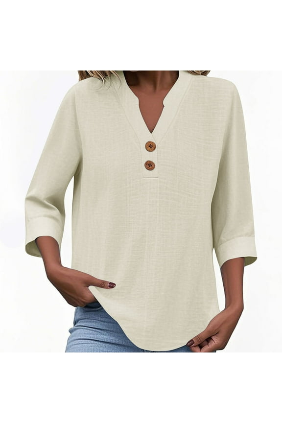 Blouses for Women 5 V Neck T Shirts for Women Fashion Summer Linen Shirts 3/4 Sleeve Button Down Tops Tunic Loose Fit Solid Color Blouses Today