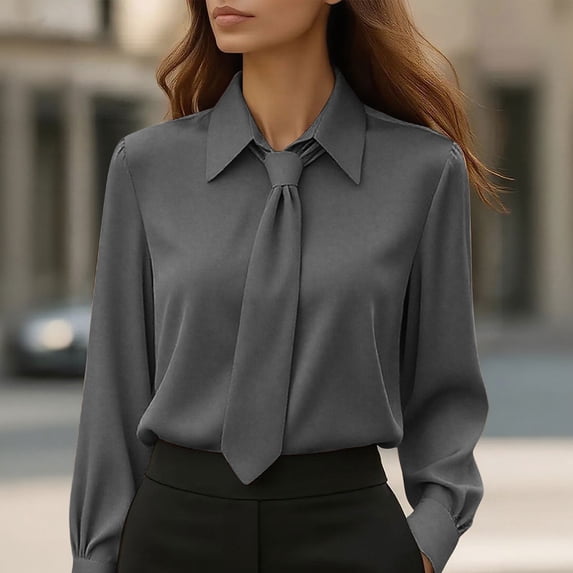 Xdegoge Blouses for Women Collared Tie Neck Long Sleeve Work office Dressy Professional Style Slim Fit Solid Minimalist Design Lightweight Spring Tops