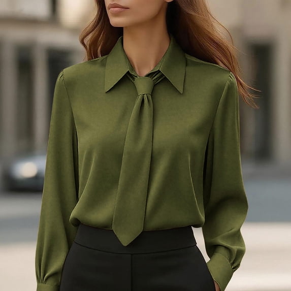 Xdegoge Blouses for Women Collared Tie Neck Long Sleeve Work office Dressy Professional Style Slim Fit Solid Minimalist Design Lightweight Spring Tops