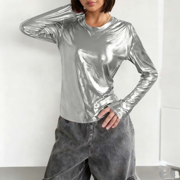 Xdegoge Blouses for Women Crewneck Long Sleeve Streetwear Edgy Metallic Shine Finish Slim Fit Liquid Look Stretchy Comfortable Lightweight Breathable Modern Chic Going Out Party Tops