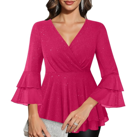 Xdegoge Blouses for Women Dressy Casual 3/4 Sleeve V Neck Sparkly Evening Party Tunic Tops Double Layers Mesh Ruffled Shirts Loose Trendy Elegant Outfits