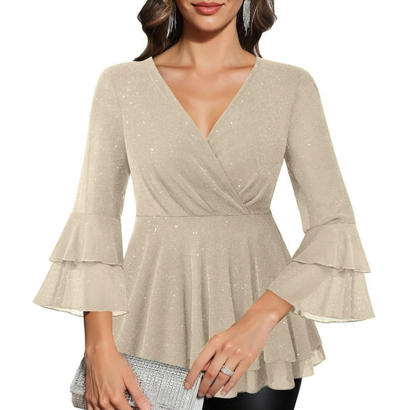 Xdegoge Blouses for Women Dressy Casual 3/4 Sleeve V Neck Sparkly Evening Party Tunic Tops Double Layers Mesh Ruffled Shirts Loose Trendy Elegant Outfits