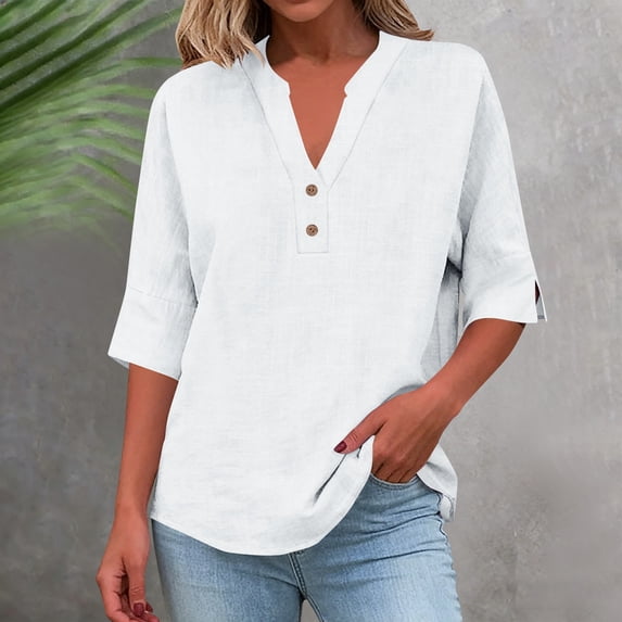 Xdegoge Blouses for Women Notch V Neck Three Quarter Sleeve Casual Workwear Loose Fit Contrast Stitching Detail Solid Textured Pattern Spring Summer Tops