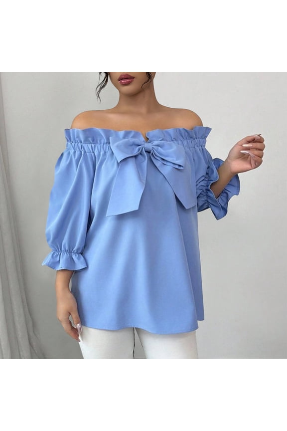 Blouses for Women off Shoulder Ruffle Half Sleeve Elegant Going Out Party Vibe Relaxed Fit Big Bow Front Solid Flowy Lightweight Summer Spring Tops