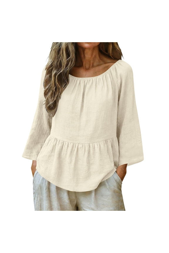 Blouses for Women off Shoulder Three Quarter Sleeve Boho Casual Wear Babydoll Peplum Fit Solid Plain Design Flowy Lightweight Spring Summer Tops
