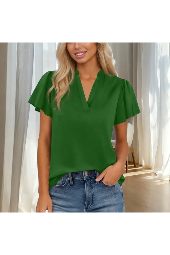 Blouses for Women Split V Neck Short Petal Flutter Sleeve Work Office Business Casual Regular Fit Solid Pattern Lightweight Flowy Chiffon Spring Summer Tops