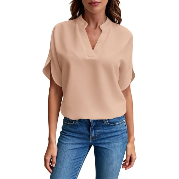 Xdegoge Blouses for Women Notch V Neck Petal Short Sleeve Business Casual Dressy Fit Solid Pattern Lightweight Flowy Breathable Spring Summer Tops