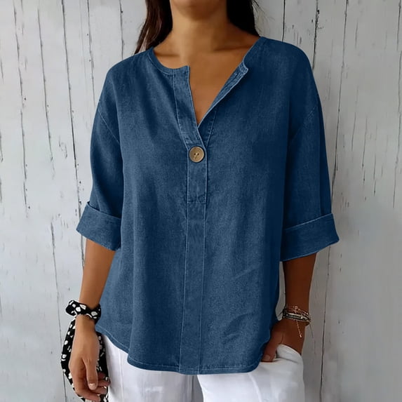 Xdegoge Blouses for Women Split V Neck Three Quarter Sleeve Casual Work office Wear Loose Fit Solid Single Button Detail Lightweight Spring Tops