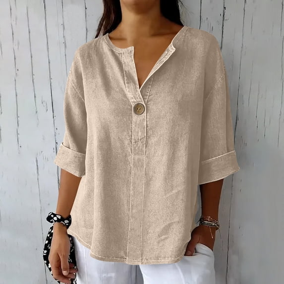 Xdegoge Blouses for Women Split V Neck Three Quarter Sleeve Casual Work office Wear Loose Fit Solid Single Button Detail Lightweight Spring Tops