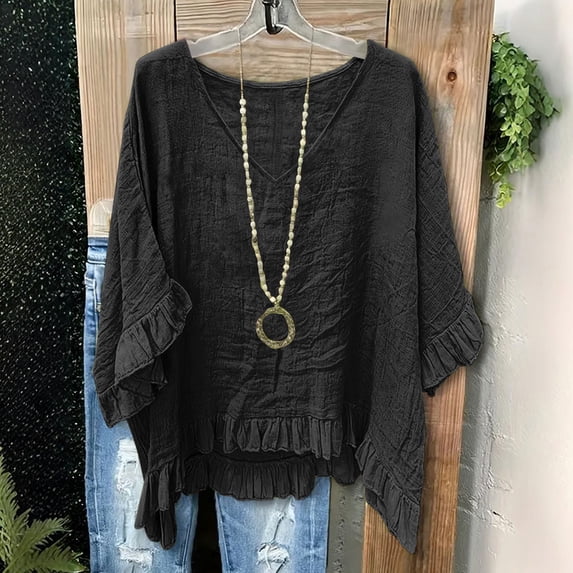 Xdegoge Blouses for Women V Neck Three Quarter Sleeve Casual Boho Wear Loose Boxy Fit Solid Ruffle Hem Detail Lightweight Flowy Summer Spring Tops