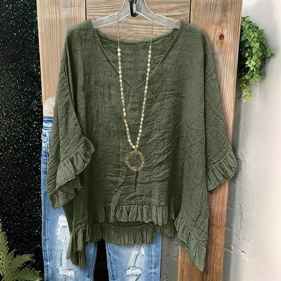 Xdegoge Blouses for Women V Neck Three Quarter Sleeve Casual Boho Wear Loose Boxy Fit Solid Ruffle Hem Detail Lightweight Flowy Summer Spring Tops