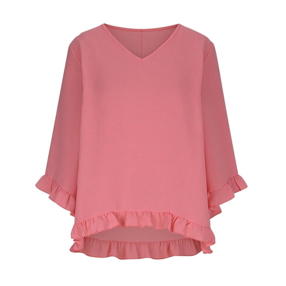 Xdegoge Blouses for Women V Neck Three Quarter Sleeve Casual Boho Wear Loose Boxy Fit Solid Ruffle Hem Detail Lightweight Flowy Summer Spring Tops