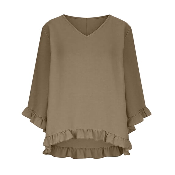 Xdegoge Blouses for Women V Neck Three Quarter Sleeve Casual Boho Wear Loose Boxy Fit Solid Ruffle Hem Detail Lightweight Flowy Summer Spring Tops
