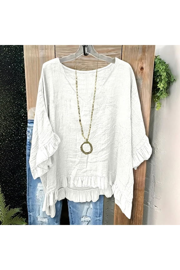 Blouses for Women V Neck Three Quarter Sleeve Casual Boho Wear Loose Boxy Fit Solid Ruffle Hem Detail Lightweight Flowy Summer Spring Tops