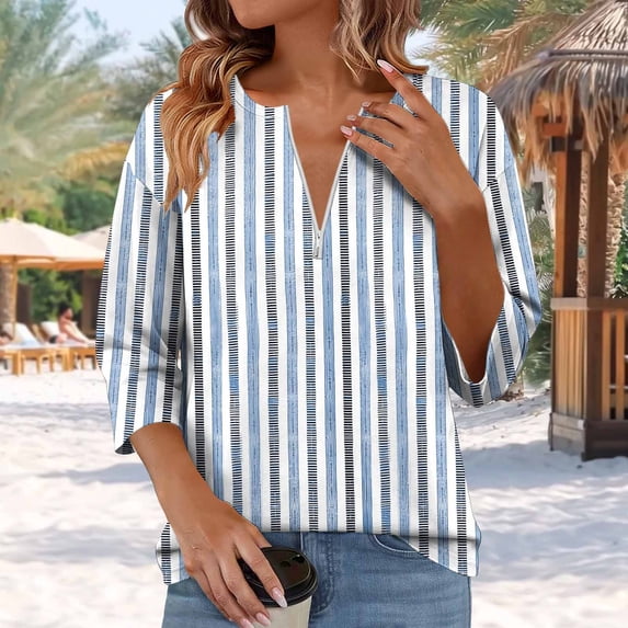 Xdegoge Blouses for Women Zip Up V Neck Three Quarter Sleeve Dressy Casual Workwear office Wear Loose Fit Geometric Striped Pattern Flowy Spring Tops