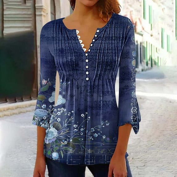 Xdegoge Blusas De Mujer En Oferta Womens Tops 3/4 Length Sleeves V Neck Button Down T Shirts Going Out Business Casual Outfits Summer Fashion Tops 2025 Soft Comfy Basic Tees Plus Membership