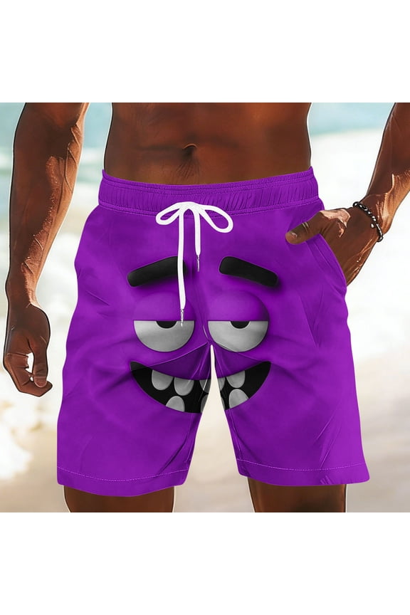 Board Shorts for Men Quick Dry Swim Trunks with Pockets Funny Cartoon Face Print Beach Shorts Comfortable Summer Bathing Suits for Swimming Surfing