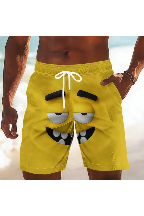Board Shorts for Men Quick Dry Swim Trunks with Pockets Funny Cartoon Face Print Beach Shorts Comfortable Summer Bathing Suits for Swimming Surfing