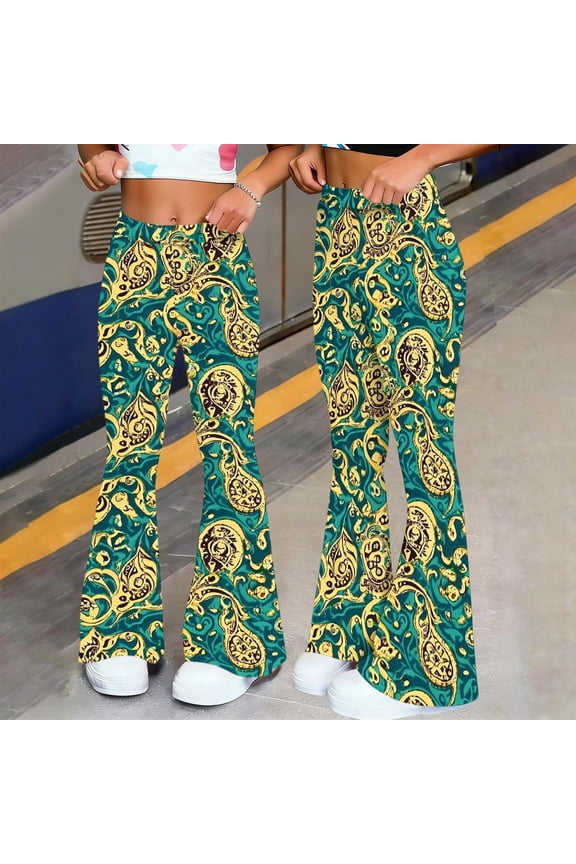 Boho Flare Pants for Women Elastic High Waisted Bell Bottoms Casual Lounge Trousers with Polka Dot Print Retro Wide Leg Yoga Leggings for Summer Vacation