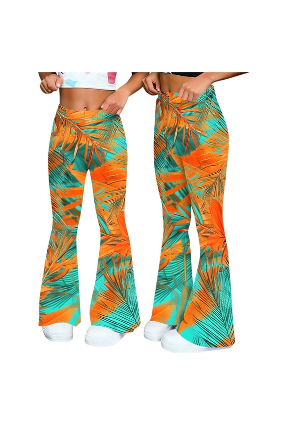 Boho Floral Bell Bottom Pants for Women Elastic High Waist Flared Leggings Vintage Botanical Print Wide Leg Trousers Casual Comfy Yoga Workout Bottoms