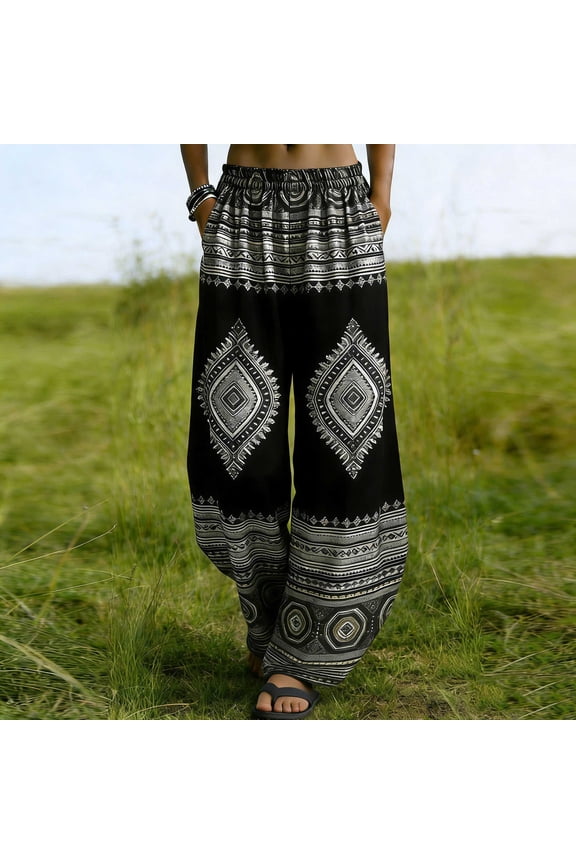 Boho Harem Pants for Women Smocked Elastic Waist Baggy Lounge Yoga Trousers Lightweight Flowy Hippie Flattering Bottoms Summer Beach Vacation Casual Wear