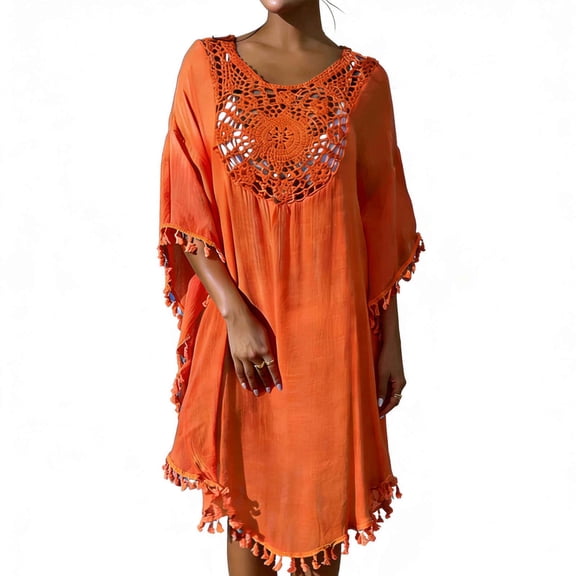 Xdegoge Boho Kaftan Dress for Women, Tassel Trimmed Crochet Top & Flowy Hem, Beach Vacation Swimwear Cover Up Dresses
