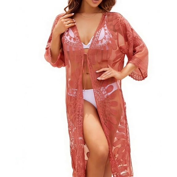 Xdegoge Boho Lace Cover Up Dress for Women, Long Open Front Kimono Beach Tunic with Embroidered Floral Rash Guard Sun Protection Coverups