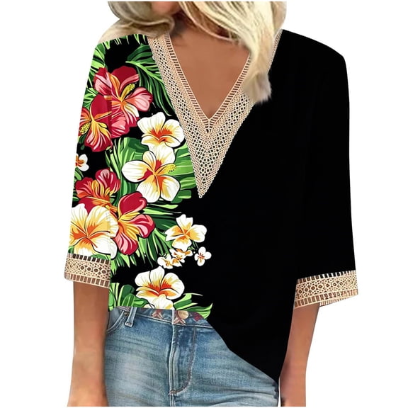 Xdegoge Boho Tops for Women Tropical Floral Print with Lace V Neck Loose Fit 3/4 Sleeve Summer Blouses Cute Trendy Summer T-Shirt Going Out Outfits