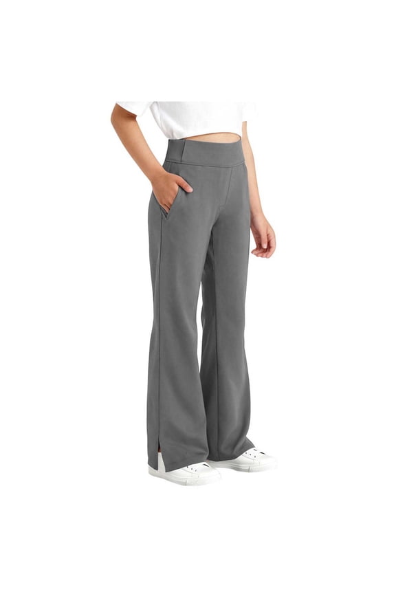 Bootcut Yoga Pants for Girls Kids High Waisted Tummy Control Dress Pants with Pockets Slit Hem Stretchy Comfy Flattering Trousers Office Work Lounge Casual Wear, 6-15 Years