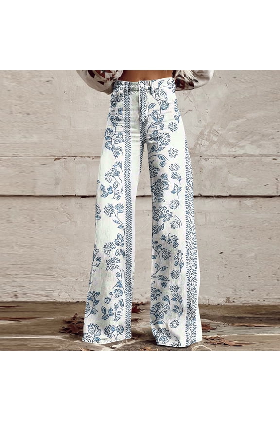 Border Print Wide Leg Pants for Women High Waisted Boho Floral Trousers Lightweight Comfy Denim Style Flattering Vacation Resort Flowy Straight Leg Jeans