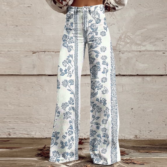 Xdegoge Border Print Wide Leg Pants for Women High Waisted Boho Floral Trousers Lightweight Comfy Denim Style Flattering Vacation Resort Flowy Straight Leg Jeans