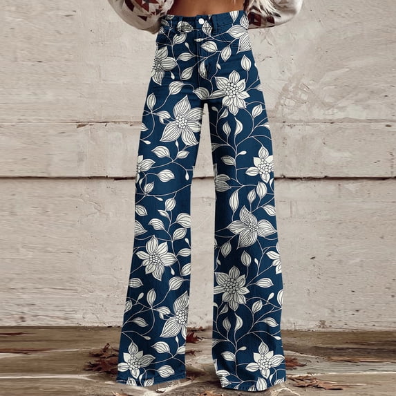 Xdegoge Botanical Print Wide Leg Jeans for Women High Waisted Relaxed Flowy Trousers Elegant Floral Pattern Comfy Stretch Pants Lounge Weekend Casual Fashion Bottoms