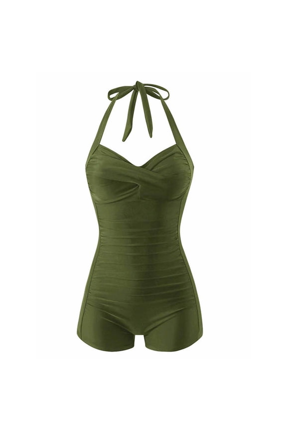 Boy Shorts Swimsuits for Women One Piece Halter Neck Ruched Bathing Suits Tummy Control Modest Full Coverage Summer Vacation Beachwear outfits