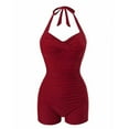 thumbnail image 1 of Xdegoge Boy Shorts Swimsuits for Women One Piece Halter Neck Ruched Bathing Suits Tummy Control Modest Full Coverage Summer Vacation Beachwear outfits, 1 of 4