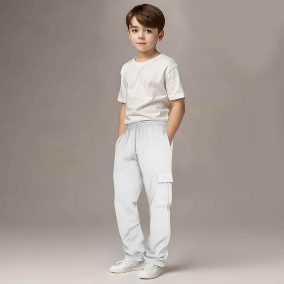 Xdegoge Boy's Cargo Pants with Pockets, Elastic Waist Drawstring Joggers Comfortable Everyday Wear