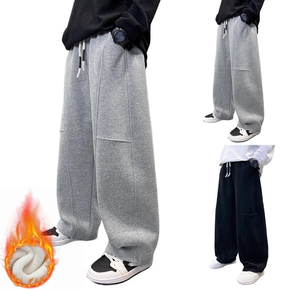 Xdegoge Boy's Thick Fleece Lined Sweatpants Warm Winter Joggers Wide Leg Comfortable Oversized Sport Pants