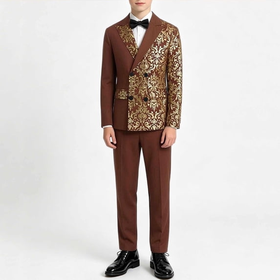 Xdegoge Boys 2 Piece Suit Set Elegant Double Breasted Floral Jacquard Tuxedo Jacket and Dress Pants formal Outfit for Wedding Party Ring Bearer Prom Pageant
