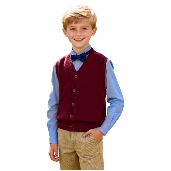 Xdegoge Boys Button Front Knit Sweater Vest School Uniforms for Kids Waistcoats Teens Wedding Guest Outfit Formal Occasion Wear
